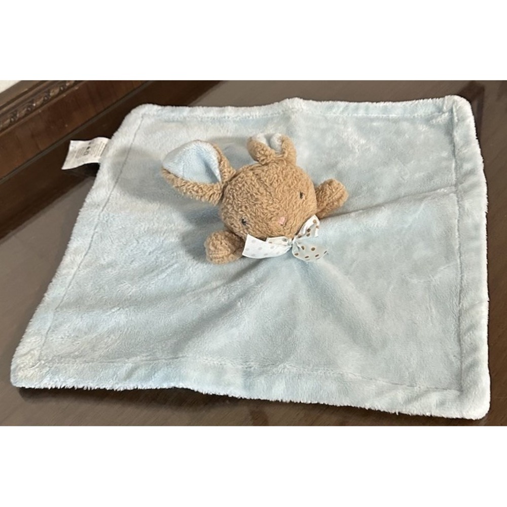 Blue Plush Lovey Bunny Baby Security Blanket w/blue & Brown Polka Dot Bow
